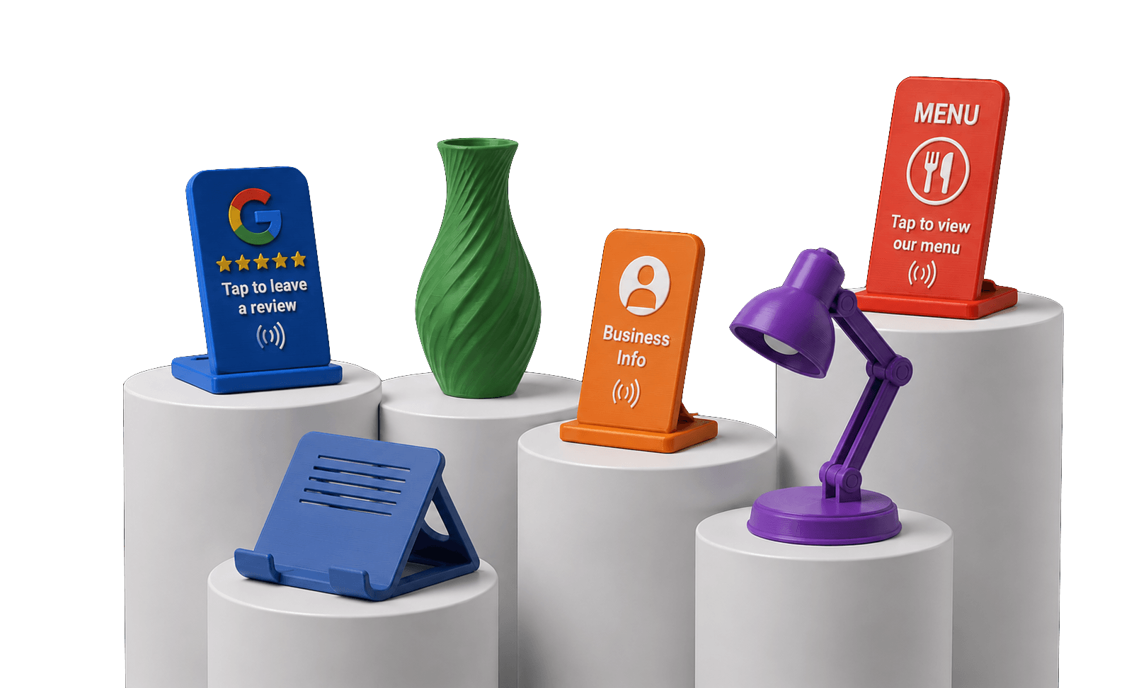 NFC stands and 3D printed objects displayed on white pedestals.